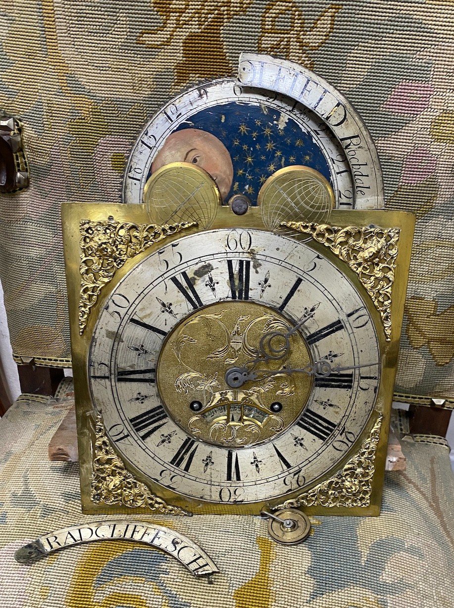 A George III mahogany longcase clock with moon phase, dial marked Radcliffe, Schofield Rochdale, height 229cm (requires restoration)